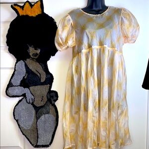 En Saison Plaid Babydoll Puff Sleeve Midi Dress Yellow Blue Size M NWT